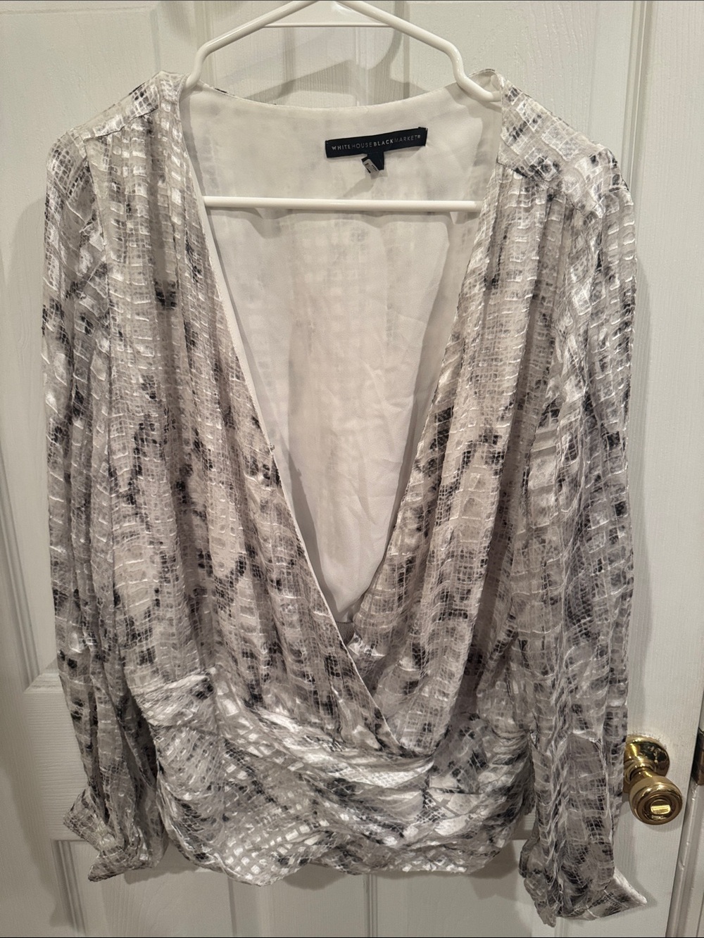 White House Black Market Sheer Gray & White Wrap Blouse